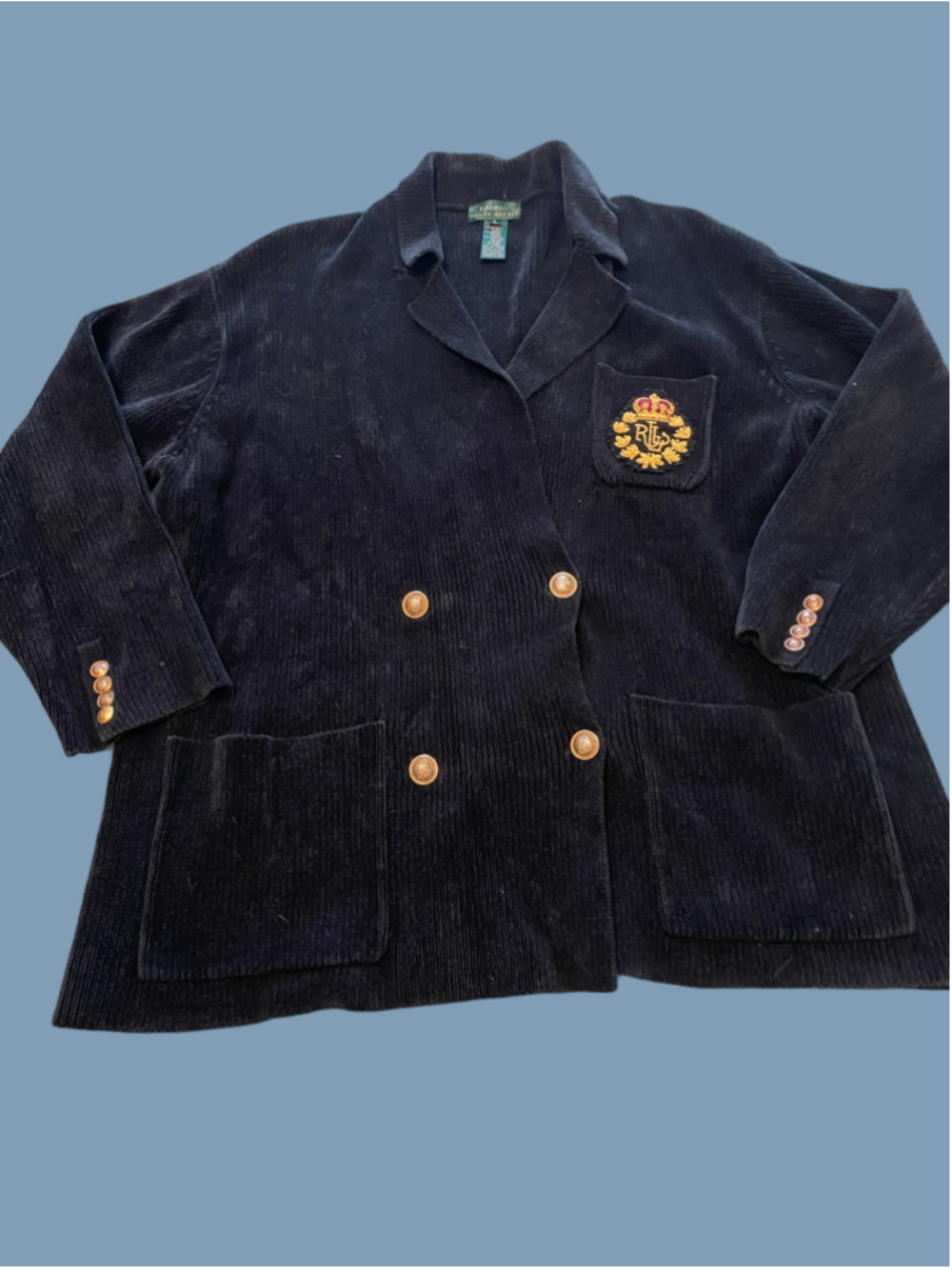 Vintage Lauren Ralph Lauren Black Corduroy look Blazer Jacket Size L gold crest